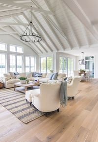 White paneled walls lake house living room decor