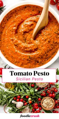 This Sicilian Tomato Pesto recipe puts a vibrant twist on classic pesto!  Sun-dried tomatoes add a burst of sweetness and tang to a blend of fresh basil, garlic, Parmesan cheese, and toasted almonds.  Simple to prepare yet bursting with flavohealthr, it's a delicious sauce for pasta, a spread for bruschetta, or even a flavorful topping for grilled chicken or fish.