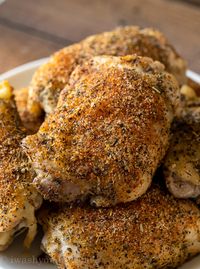 SAVE FOR LATER! With just a few simple tips, these Oven Roasted Chicken Thighs are juicy on the inside and perfectly seasoned and crisp on the outside! A deliciously easy weeknight dinner that pairs perfectly with anything!