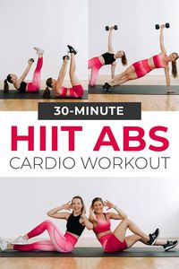 CARDIO and ABS! This belly fat burning, 30-Minute Cardio Abs Workout is HIIT for your abs. These 10 ab exercises target the lower abs, upper abs, obliques and deep transverse abdominal muscles. Tone your midsection and burn calories at home (modifications offered for all fitness levels). Burn belly fat at home with this killer cardio and abs routine. Ten weighted ab exercises that will challenge your core from every angle -- lower abs, upper abs, and obliques.