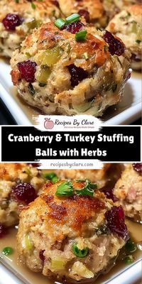 These delightful stuffing balls, filled with turkey, cranberries, and fresh herbs, are a perfect way to use up holiday leftovers. Serve them warm with gravy or cranberry sauce for a tasty appetizer or side dish!  Ingredients:  2 cups bread crumbs 1 cup cooked turkey, shredded ½ cup dried cranberries, chopped ¼ cup chicken broth 1 tsp dried thyme Warm, savory, and packed with holiday flavors, these stuffing balls are an irresistible addition to your festive table! Perfect for enjoying with gravy or a tart cranberry sauce.