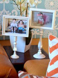 Pedestal Photo Frames - Spray paint frames and candlesticks the same color. Glue the frame to candlestick and let dry overnight. Insert photo and display.