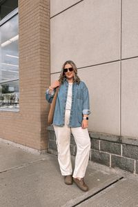 Comfy casual fall transition outfit from Old Navy - click through to shop! My cargo pants are super comfy (so good I have them in 2 colors!) and this denim shirt is the perfect layering piece. Tee is my fave affordable basic!