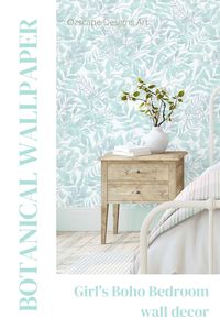 Beach house boho mint wallpaper with delicate watercolor leaves design. Botanical wallpaper for a natural on trend baby nursery, bedroom, kitchen, living room or hallway. Easy removable peel and stick application DIY fabric wallpaper designs by #OzscapeDesignsArt. Browse our unique collection for boys room decor as well as for girls and your home. Shop Now: https://etsy.me/3aLlT0y #beachhousewallpaper #mintwallpaper #girlsbedroom #beachhousedecor #botanicalwallpaper #beachwalldecor #floral