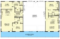 This house plan pairs the best of multi-generational and barndominium living into a single 2,288 square foot home with an oversized 1,408 square foot 3-car drive-through garage. An 8'-deep porch spans the entire front giving you 672 square feet of shaded space to enjoy. The clerestory windows are functional and are open to the first floor throughout the plan. The ceiling at that point reaches 23' 8" throughout. On the left side and the garage, the lowest point of the sloped ceiling reaches 15' 9