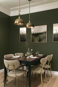 Experiment with this precise design and furniture in your own area using AI HomeDesign with just one simple click!Green, Gold, Earth, Olive, Venetian, Brown, Black, Dark, Brass, Monochromatic, Sage, Dining, Table, Chairs, Painting#DiningRoomDecor #GreenPalette #EarthTones #GoldenCharms #MonochromaticGreen #InteriorDesign #SageGreen #DarkGreen #AIHomeDesign #ColorScheme