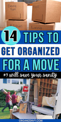 Get ready to OWN your move with 14 time-saving, sanity-sparing hacks! Learn how to declutter before your move, what order to pack for a move, and ALL KINDS of time-saving hacks that will make moving day so much easier. #9 is a game-changer! Moving guide | Decluttering when moving | Moving organization tips