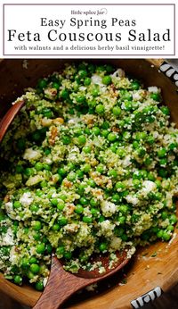 Spring Pea Feta Couscous Salad – A simple spring salad dressed with a homemade basil vinaigrette! Great for spring picnics and summer bbqs! #couscoussalad #couscousrecipe #springpeas #springrecipes #springsalad | Littlespicejar.com