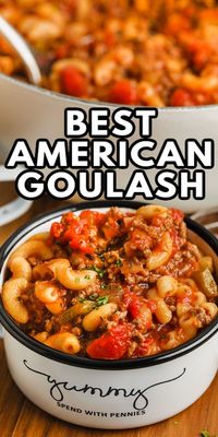 American Goulash is a quick and easy one-pot dinner that is perfect for weeknight meals. This recipe has simple & heartwarming ingredients like ground hamburger beef, tomato, and pasta noodles. It's an entree that never fails, and it's table-ready in no time. #americangoulash #recipeseasy #easyonepotmeals #spendwithpennies