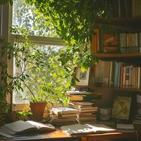 This is a desk filled with books and green plants, with bright light and a view of the outdoors through the window. ,first-person view