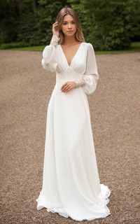 Details: Silhouette: A-Line Style Fabric: Chiffon Fabric Color: Ivory Color Length: Sweep Train Neckline: V Neck Sleeves: Long Sleeves Back: Open Back Embellishment: Appliqued