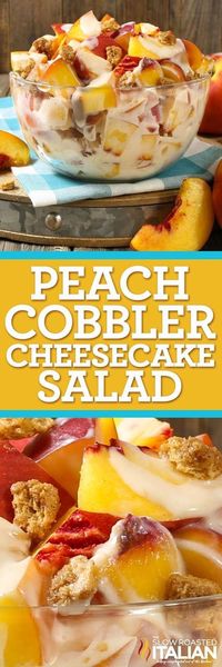 Peach Cobbler Cheesecake Salad comes together so simply with fresh peaches, a rich and creamy cheesecake filling and glorious bits of crisp sweet 'cobbler' to create the most spectacular fruit salad ever! Every bite is absolutely bursting with flavor and you are going to go nuts over this recipe!