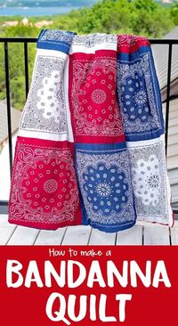 Learn how to make a super quick and easy picnic quilt from bandanas!  This Bandana quilt pattern is double-sided, has no binding and makes the perfect quilt for summer picnics and patriotic holidays.