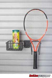 The Tennis Equipment Holder slatwall accessory offers storage space for all your tennis gear. The specialty accessory even holds multiple rackets and balls!