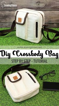 DIY Canvas Crossbody Bag | How to make a bag with Piping and Phone pocket [sewingtimes]