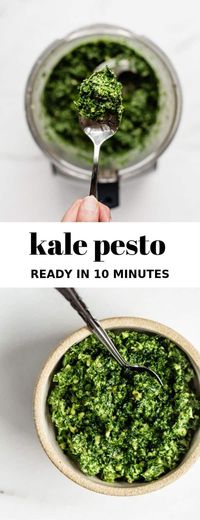 This easy kale pesto recipe is healthy and can be made either vegetarian or vegan! Use it on pasta, pizza in bowls or however you like! #kale #pesto #healthyrecipe