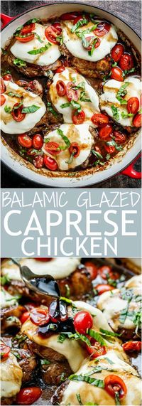 Caprese Chicken cooked right in a sweet, garlic balsamic glaze with juicy cherry tomatoes, fresh basil and topped with melted mozzarella cheese! | https://cafedelites.com