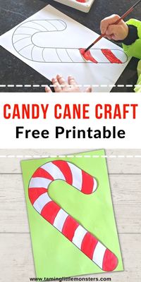 Candy Cane Art for Kids - Get your copy of this free printable template and make some candy cane arts and crafts with your toddlers, preschoolers and kindergarteners. Perfect for Christmas themed lesson plans. #christmas #artsandcrafts #freeprintable #toddler #preschool #kindergarten