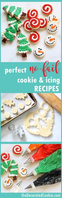 Make decorated Christmas cookies with these no-fail recipes for cut-out cookie dough and perfect royal icing. The recipes cut out and bake beautifully without changing shape, and the icing dries well enough for handling, freezing, and shipping, but it tastes delicious. VIDEO how-tos, PRINTABLE recipes. MAKE-AHEAD tips.