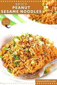 These spicy sesame peanut noodles are super easy, quick, and versatile. Ramen noodles are tossed with a Thai-inspired sauce made with soy sauce, sesame oil, rice vinegar, ginger, garlic, honey, sriracha, and creamy peanut butter for a delicious dish that can be served warm or cold. Serve them as a side dish, a starter, a snack, or add a protein and/or veggies to make it a meal! Get the recipe and try it!