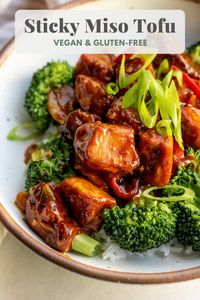 Sweet, savory sticky miso tofu. A budget-friendly, high-protein, umami-rich dish that is easy to put together for a weeknight meal.