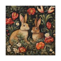 Elevate your decor with timeless elegance: discover our canvas gallery wrap art print, showcasing a charming William Morris style pair of bunnies. Crafted on premium 100% cotton fabric (400gsm), this print radiates luxury and sophistication, ensuring your space is adorned with art of uncompromising quality. This art print boasts a closed MDF backing and a patented solid support face, resulting in a piece that's as durable as it is beautiful. Every detail is thoughtfully designed to enhance the a