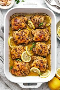 This Greek lemon chicken recipe is the best dinner with juicy, tender, and crisp baked chicken thighs coated in a delicious lemon-herb marinade.