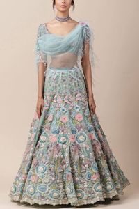 Aqua embellished lehenga set designed by Tarun Tahiliani at AASHNI+CO.