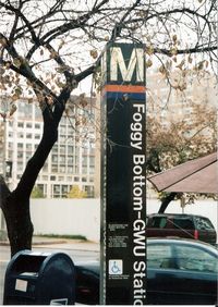 Foggy Bottom-GWU is a Washington Metro station in Washington, D.C. on the Blue and Orange Lines. It is the last station inside the District of Columbia on these lines before they dive under the Potomac River to Virginia.