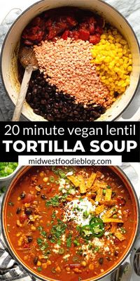 24 reviews · 20 minutes · Vegetarian · Serves 8 · This creamy, flavor-forward, Vegan Lentil Tortilla Soup is the perfect quick and easy weeknight dinner! It takes just 20 minutes to throw together and uses just a handful of pantry staple ingredients… More