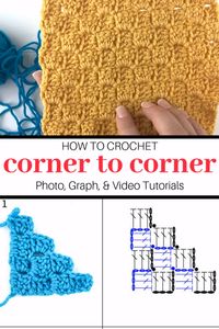 Learn to corner to corner (c2c) crochet. Video and photo tutorials, graph charts for increasing, decreasing and crocheting a rectangle. Tutorial by Winding Road Crochet. #crochetstitches #c2ccrochet #cornertocornercrochet