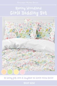 Spruce up your little girls room this summer with this pretty fox in a floral woodland. This girl's bedding set, availalbe in crib, toddler, twin or queen size has matching pillows. Delight your baby girl with a new Duvet cover or comforter for her woodland bedroom decor. Find matching wallpaper and wall art prints in our sister store #OzscapeDesignsArt. Shop this bedding set now @ #OzscapeHomeDecor here: https://etsy.me/2RKDVdE #girlwoodlandnursery #girlwoodlandbedroom #girlbedroomdesigns