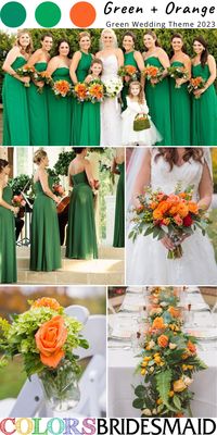 Green and Orange wedding themes 2023: green bridesmaid dresses, white bridal gown and orange wedding bouquets, green and orange table runners, jars with green and orange flowers to decorate your wedding ceremony. #greenweddings #weddingcolors #weddings #weddingideas #bridesmaiddresses #colsbm #2023 #greenandorange