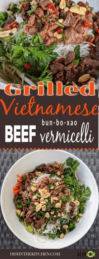 Everyone's favourite Vietnamese noodle salad...at home! Grilled marinated beef is a delicious topping to fresh vegetables and vermicelli noodles. Bò Xào #grilledbeef #noodlebowl #salad #Vietnamese #noodles