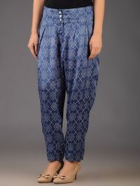 Navy  Block Printed Pleated Pants with Pocket