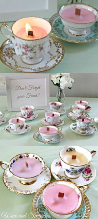 There is nothing that adds a fun vintage flair to a shower quite like these DIY teacup candles. And they are so versatile! I will be using them for a Beauty and the Beast themed bridal shower, but they could just as easily be used for a tea party, Jane Austen Shower, or Mother’s Day Brunch!