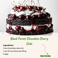 Black Forest Chocolate Cherry Cake! 🌟 Ingredients: 1 box chocolate cake mix 1 can (21 oz) cherry pie filling 3 eggs 1 teaspoon almond extract Whipped cream or frosting for topping Maraschino cherries for garnish Directions: Preheat your oven to the temperature specified on the cake mix box. Grease and flour a 9x13-inch baking pan. In a large mixing bowl, combine the chocolate cake mix, cherry pie filling, eggs, and almond extract. Mix until well combined. Pour the batter into the prepared ...