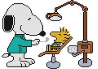 This is Woodstock going for his checkup at the Dentist.  Snoopy is the dentist!  So cute. 
This pattern comes printed on 2 pages which is 10 squares per inch of paper.
This pattern is 120 X 85 stitches (squares).
This pattern uses 7 colors.