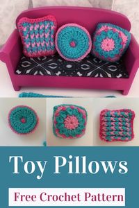 Free crochet pattern for doll house toy pillows. 3 fun cushion designs.