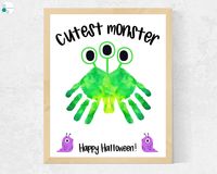 Halloween Handprint Craft or Footprint Art - Cutest Monster Halloween Craft for Toddlers Baby Kids Preschool Craft Halloween Say happy Halloween this adorable monster handprint art craft or Halloween footprint art!  Kids will love creating fun handprint monsters - great Halloween craft for preschool, daycare, baby, toddlers, and kids!  Simply download, print, and add handprints or footprints in any color.  You can further decorate with stickers, googly eyes, etc.  Be creative and have fun! Pleas