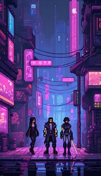 Three people looking for a fight in a cyberpunk, futuristic city.