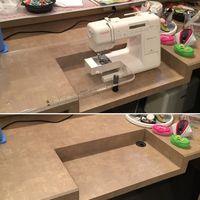 Create a sewing machine table or counter top so your machine sits at the right height. She finished her basement for the ultimate sewing studio with great sewing organization, ironing board area, craft storage ideas, great lighting, and must-have sewing room equipment. #SewingRoom