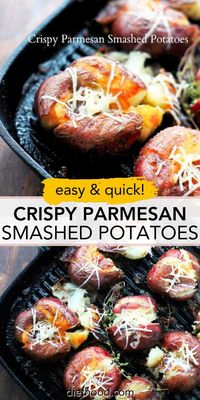 Extra-crispy smashed potatoes with parmesan are the best potato side dish. Golden on the outside, soft and tender inside, and easy to make! #crispy #parmesanpotatoes #smashedpotatoes