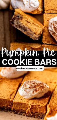 These pumpkin pie cookie bars have a layer of snickerdoodle cookie. It is topped with no bake pumpkin pie and whipped cream on top. This is the BEST pumpkin pie bar recipe. The cookie layer is a perfect crust layer and is amazing on its own.