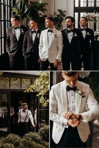 Get inspired by this stylish groom and his dapper groomsmen, all dressed to impress in classic black and white tuxedos. The groom stands out in a sharp white jacket with black lapels, while his groomsmen complement him perfectly in sleek black tuxedos. This timeless ensemble is perfect for any elegant wedding.  📌 Perfect for: Modern weddings, black-tie events, formal occasions. 📌 Styling tips: The groom's white jacket adds a modern twist, while black bow ties and polished shoes complete the look. Groomsmen can enhance their style with classic boutonnieres and neatly styled hair. 📌 Fashion keywords: Wedding fashion, groom style, black and white tuxedo, groomsmen attire, classic elegance.