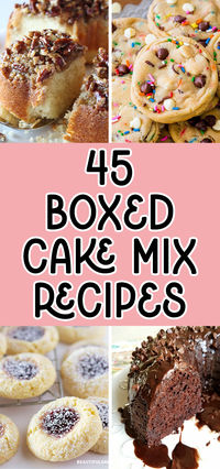 You'll love these easy dessert recieps using boxed cake mix. You find recipes for Yellow Cake Mix Thumbprint Cookies, 5-Ingredient Chocolate Cake, Cake Batter Chocolate Chip Cookies, Pecan Upside Down Bundt Cake and more. These recipes are perfect for a holiday potluck or gathering.