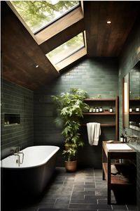 a green living room with slate flooring, black bath tub and wood panelling on the ceiling surrounding the skylights