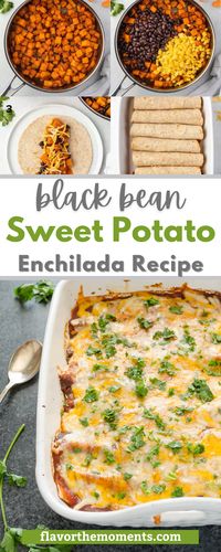 Black Bean Sweet Potato Enchiladas Recipe is so delicious and hearty. My family loves Mexican food, so I make it weekly. While my family loves taco night, I almost always prefer making enchiladas because I can make the components in advance and even assemble the entire meal ahead of time. Normally I serve my meat loving family chicken enchiladas or green enchiladas, but these Black Bean Sweet Potato Enchiladas prove that meatless meals can be extremely satisfying as well.