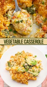 This Vegetable Casserole is one of my favorite Holiday Side Dishes. It also makes a great meatless meal! Made with cream of mushroom soup and a buttery Ritz cracker topping! It's filled with vegetables and savory rice.