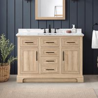 Perfectly at home in traditional settings, the Doveton single vanity by Home Decorators Collection is where style meets function. An excellent choice for your main bathroom or guest washroom, its smartly appointed storage includes a variety of drawers, cabinets and adjustable shelves to help you maintain a clutter-free environment. A weathered tan finish brings a warm, natural vibe to your space while a smooth engineered marble countertop finishes off the clean look. Choose between its two sets